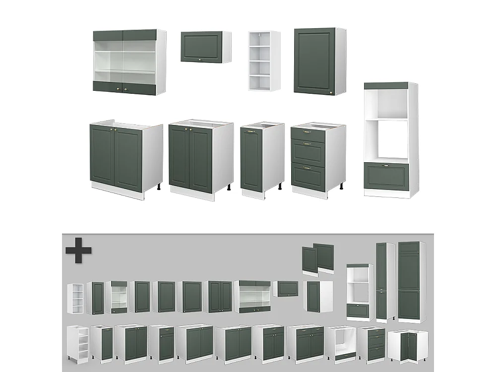 Køkkenrække grøn-guld landhus/hvid 280x60x81.6 fame-line