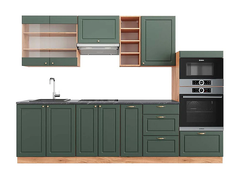 Küchenzeile grün-gold landhaus/goldkraft eiche 280x60x81.6 fame-line