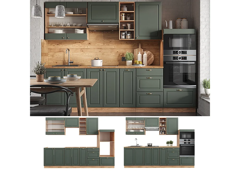 Køkkenrække grøn-guld country/guld power eg 280x60x81.6 fame-line