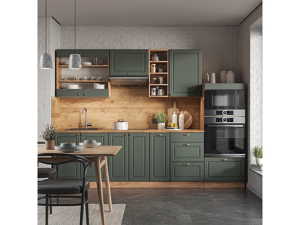 Køkkenrække grøn-guld country/guld power eg 280x60x81.6 fame-line