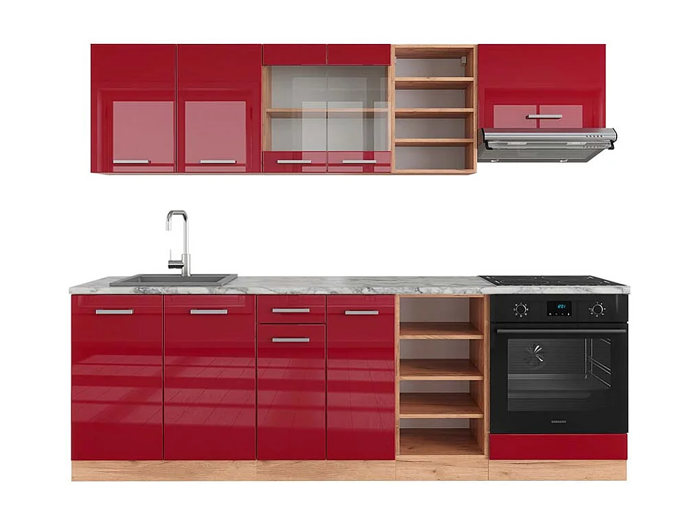 Cuisine rouge brillant/chêne doré 240x60x81.6 r-line