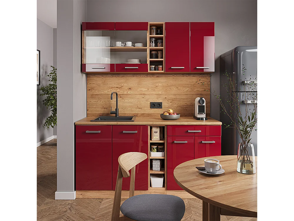 Singlekøkken højglans rød/gylden eg 160x60x81.6 r-line