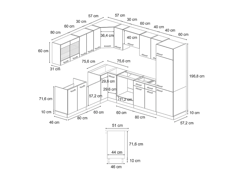 Cucina angolare completa calcestruzzo nero/antracite 287x60x81.6 r-line