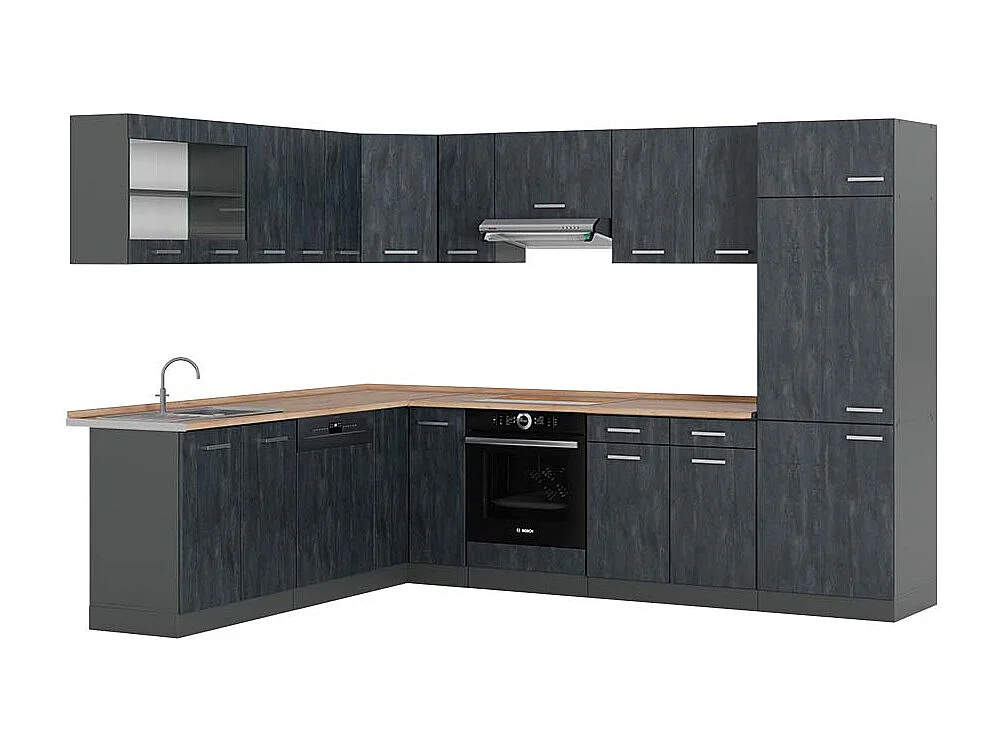 Cuisine en angle noir béton/anthracite 287x60x81.6 r-line