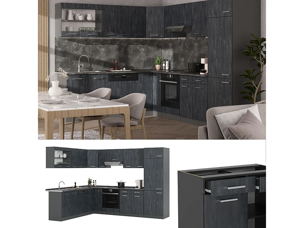 Cuisine en angle béton noir/anthracite 287x60x81.6 r-line