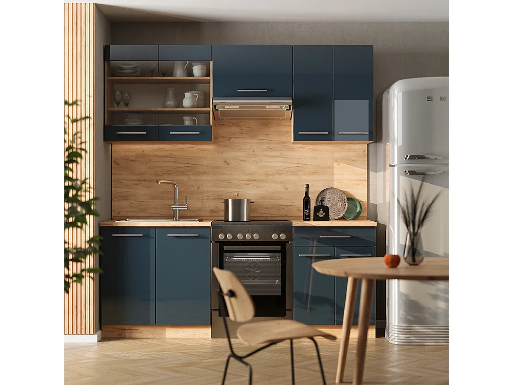 Armoires de cuisine bleu foncé brillant/chêne doré 200x60x81.6 fame-line