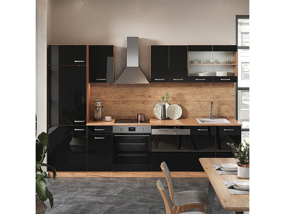 Küchenzeile schwarz hochglanz/goldkraft eiche 300x60x81.6 r-line