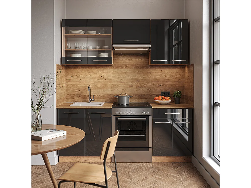 Mueble de cocina antracita brillo intenso/roble dorado eléctrico 200x46x81.6 fame-line