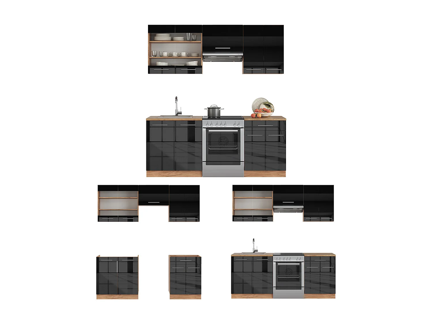 Cucina componibile antracite lucido/oro power oak 200x46x81.6 fame-line