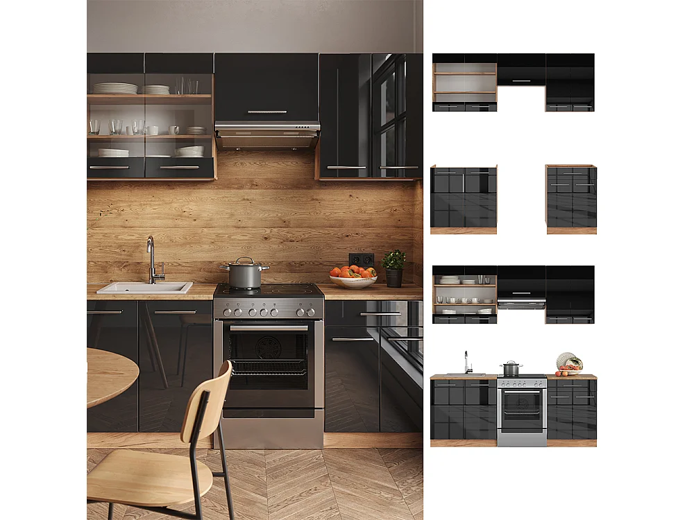 Cuisine anthracite brillant/chêne doré 200x46x81.6 fame-line