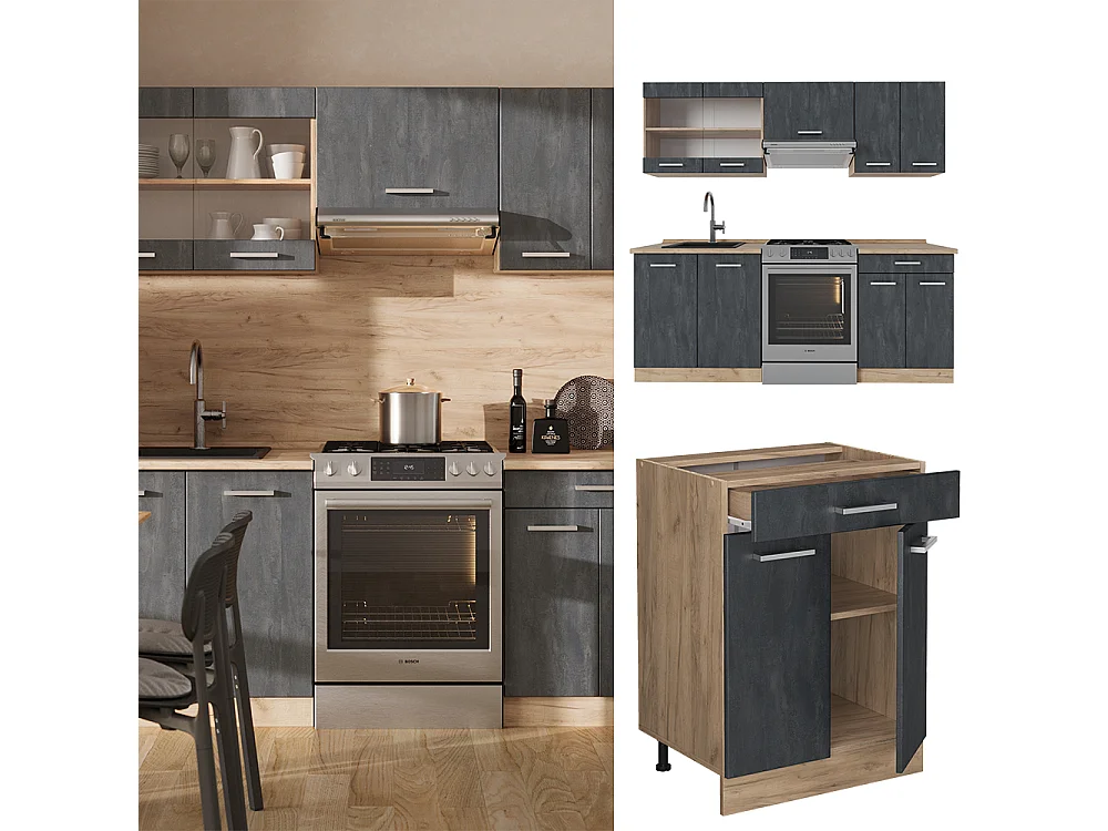 Cucina componibile calcestruzzo nero/quercia dorata 200x46x81.6 r-line