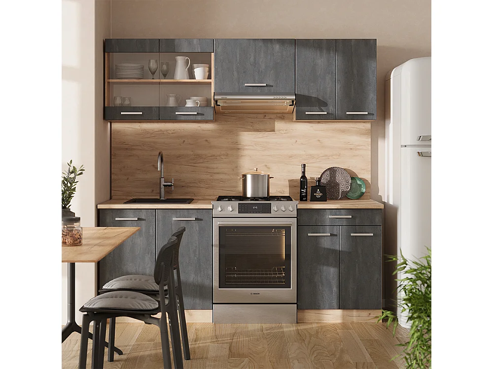 Cucina componibile calcestruzzo nero/quercia dorata 200x46x81.6 r-line