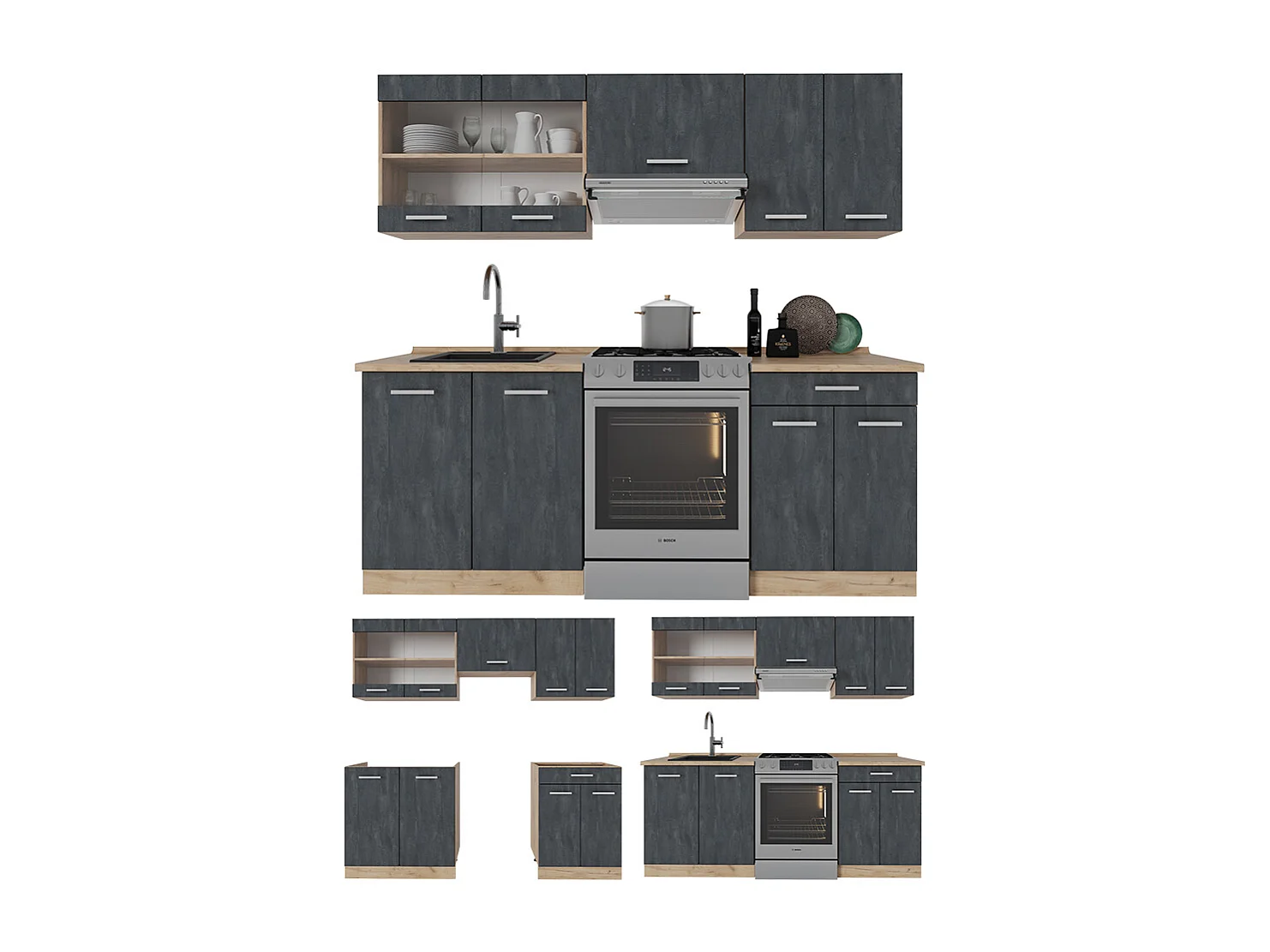 Cucina componibile calcestruzzo nero/quercia dorata 200x46x81.6 r-line