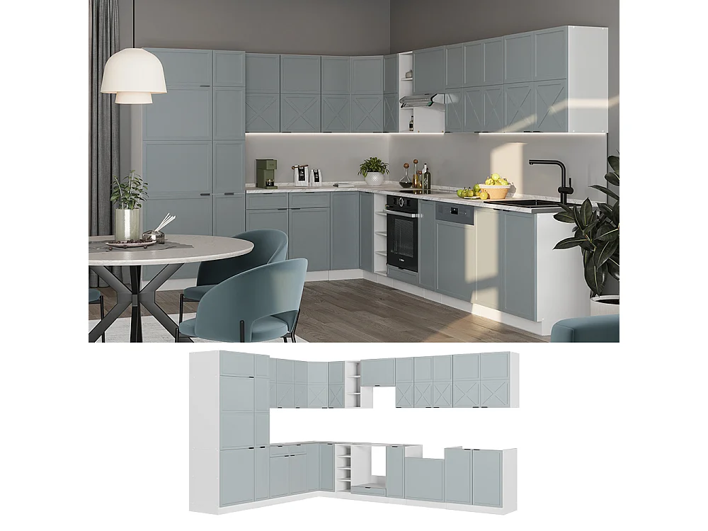 Cucina angolare completa blu-grigio chiaro/bianco 347x46x81.6 fame-line