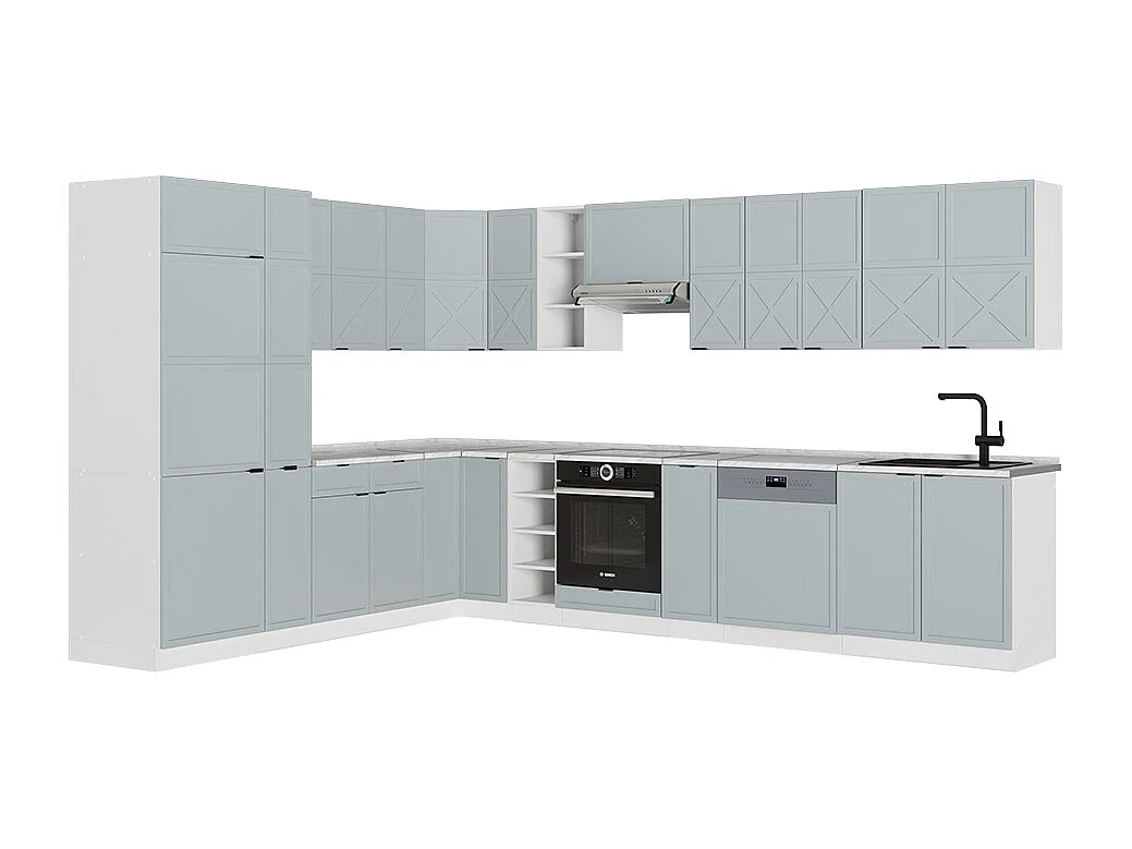 Cuisine en angle bleu clair-gris/blanc 347x46x81.6 fame-line