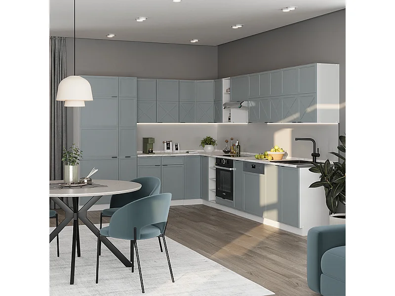 Cuisine en angle bleu clair-gris/blanc 347x46x81.6 fame-line