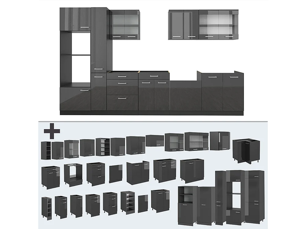 Kompletna kuchnia  antracyt wysoki połysk/antracyt 350x60x81.6 r-line