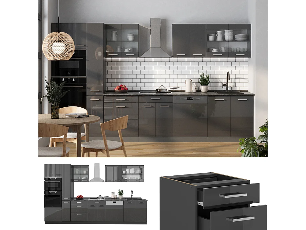 Kompletna kuchnia  antracyt wysoki połysk/antracyt 350x60x81.6 r-line