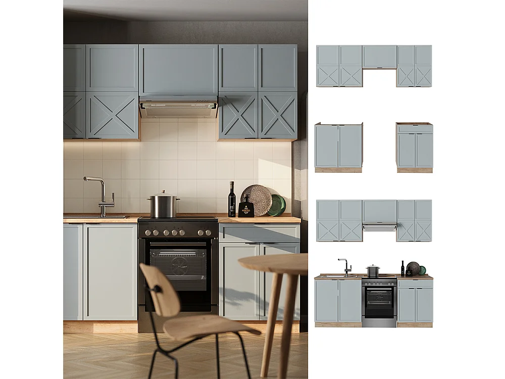 Cuisine bleu clair-gris/chêne force dor 200x60x81.6 fame-line