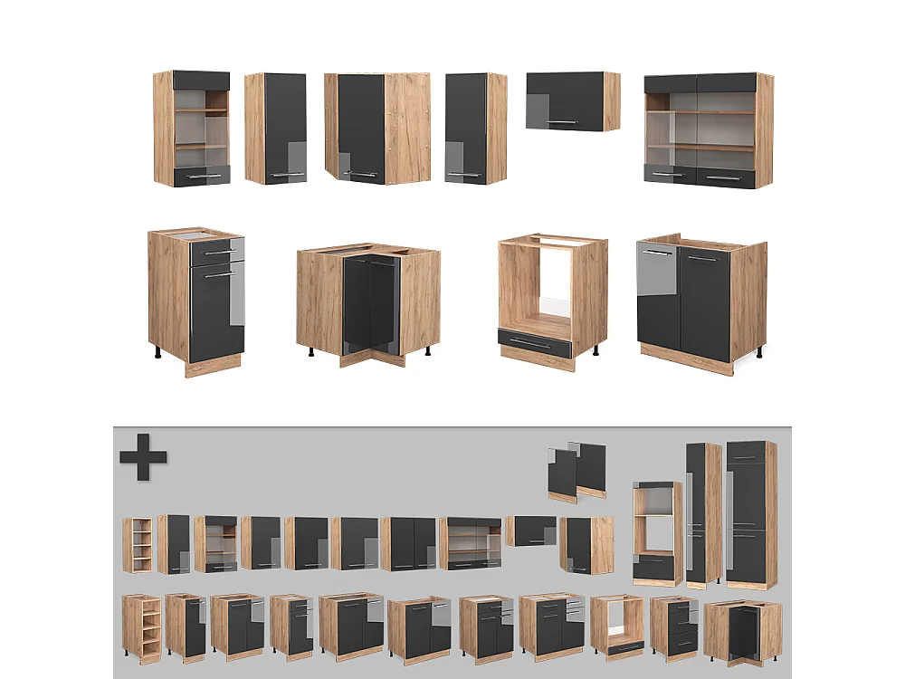 Cocina esquinera antracita brillo intenso/roble dorado eléctrico 190x60x81.6 fame-line