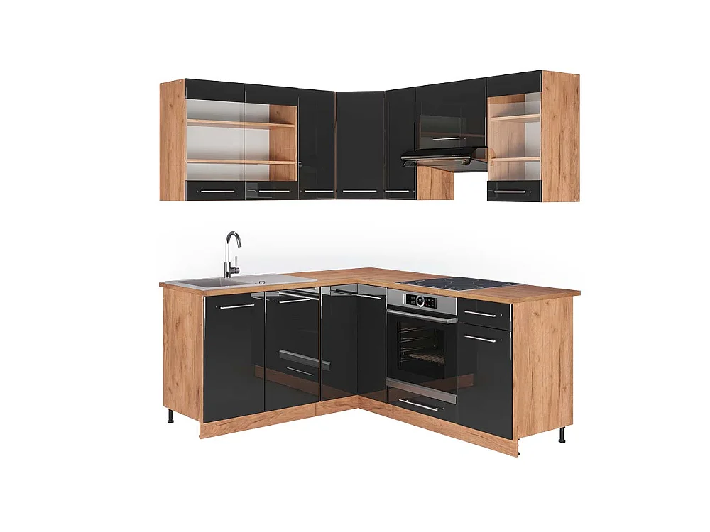 Cucina angolare completa antracite lucido/oro power oak 190x60x81.6 fame-line