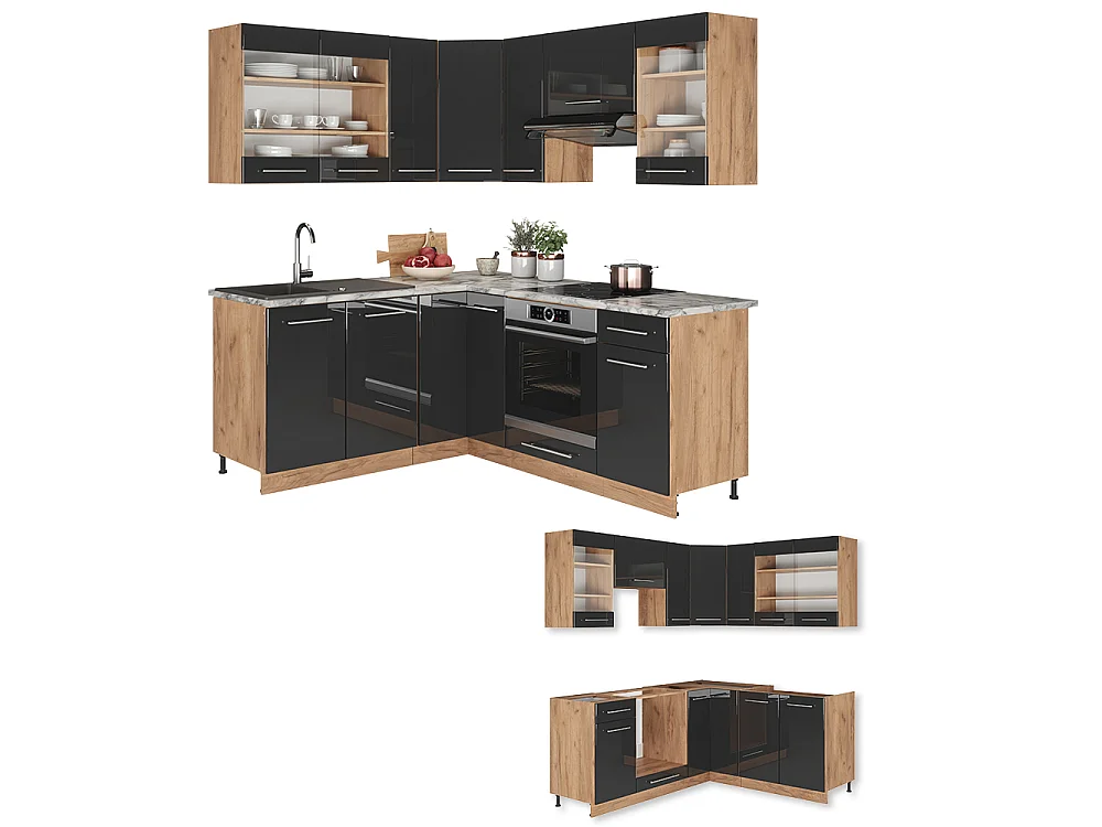 Cucina angolare completa antracite lucido/oro power oak 190x60x81.6 fame-line