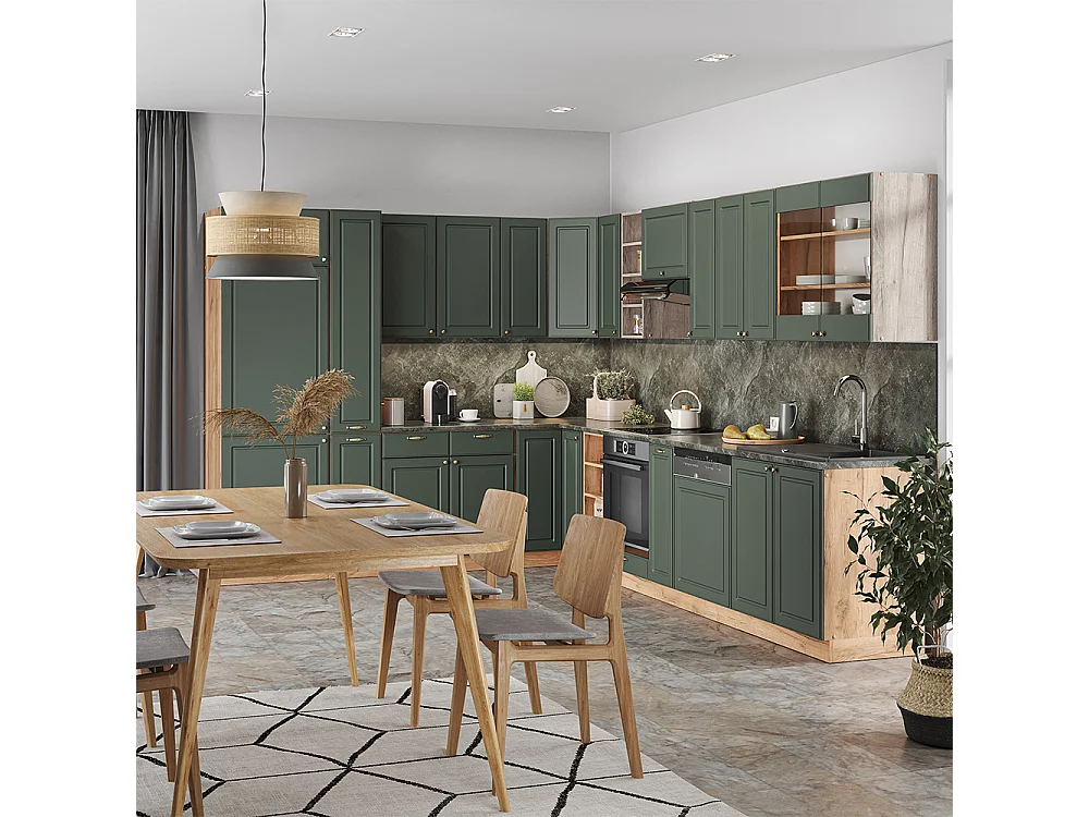 Eckküche grün-gold landhaus/goldkraft eiche 347x60x81.6 fame-line