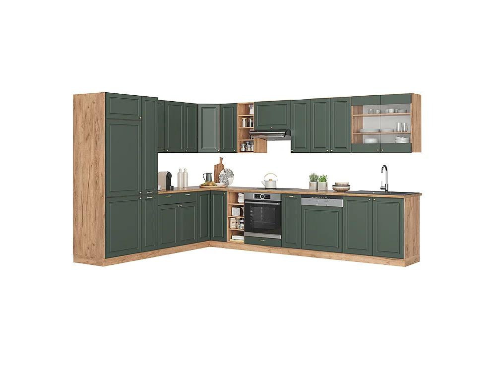 Hoekkeuken groen-goud land/goud power eik 347x60x81.6 fame-line