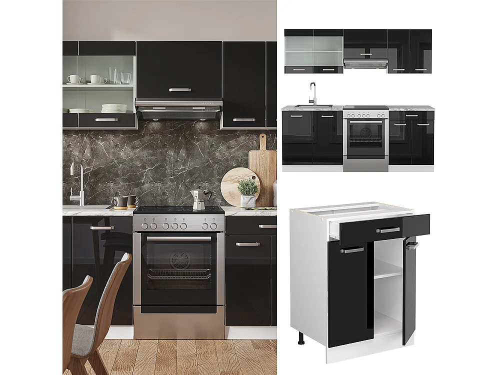 Aneks kuchenny czarny wysoki połysk/biały 200x60x81.6 r-line