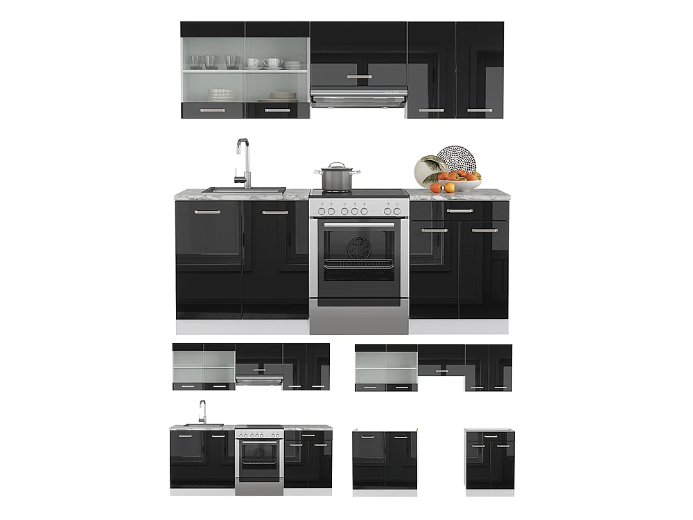 Aneks kuchenny czarny wysoki połysk/biały 200x60x81.6 r-line
