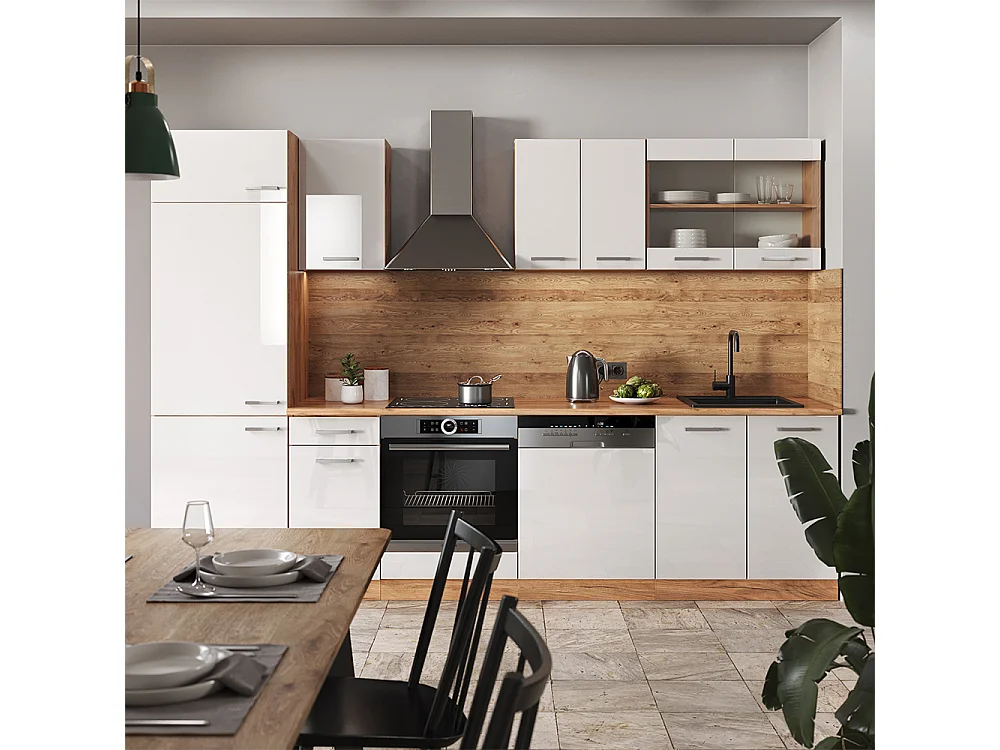 Aneks kuchenny biały wysoki połysk/złoty dąb power 300x60x81.6 r-line