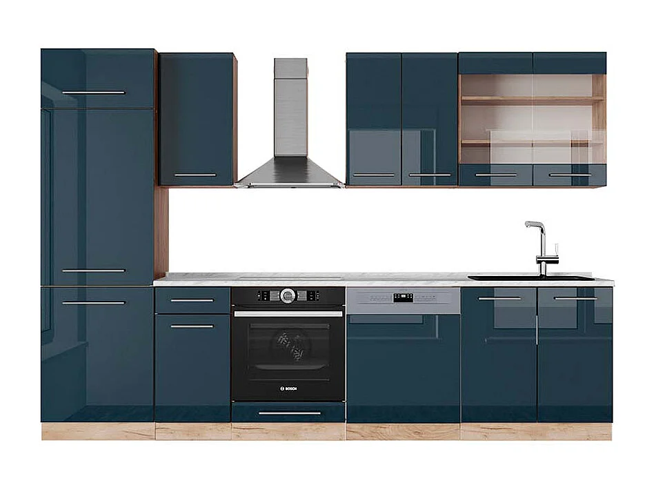 Mueble de cocina azul oscuro alto brillo/roble dorado 300x60x81.6 fame-line
