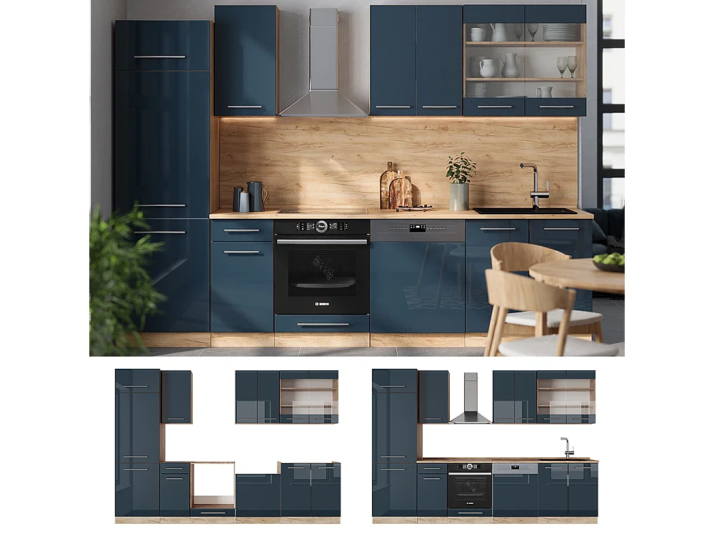 Mueble de cocina azul oscuro alto brillo/roble dorado 300x60x81.6 fame-line