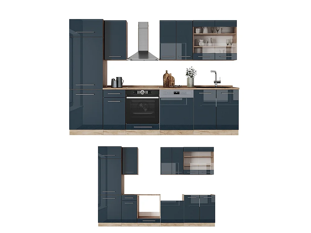 Mueble de cocina azul oscuro alto brillo/roble dorado 300x60x81.6 fame-line