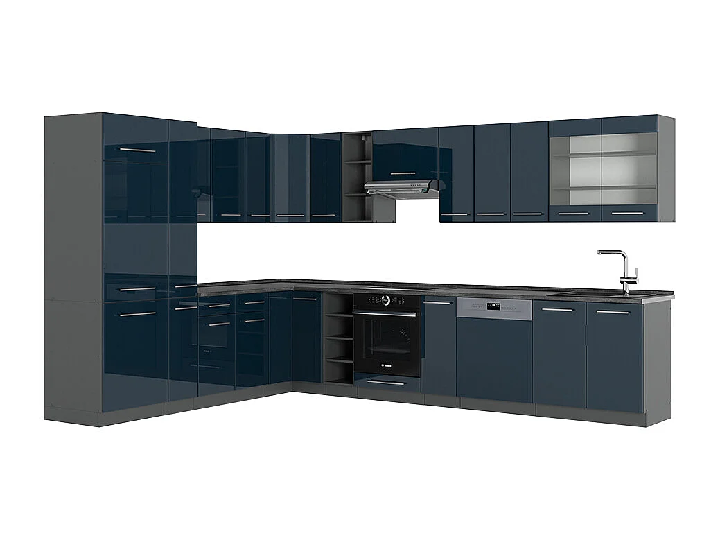 Cocina esquinera azul oscuro alto brillo/antracita 347x46x81.6 fame-line