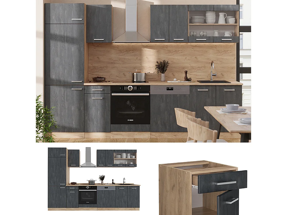 Cuisine béton noir/chêne doré 300x60x81.6 r-line