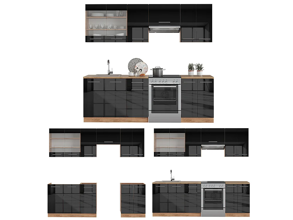 Køkkenrække antracit højglans/guld power oak 240x60x81.6 fame-line