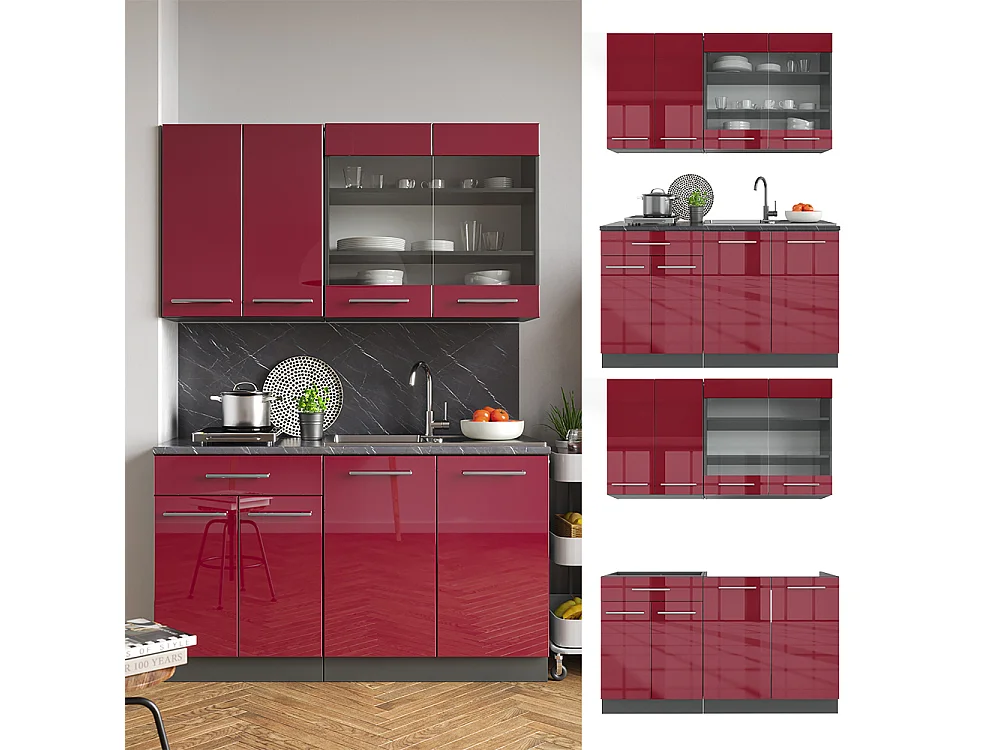 Cocina para solteros burdeos brillo intenso/antracita 140x46x81.6 fame-line
