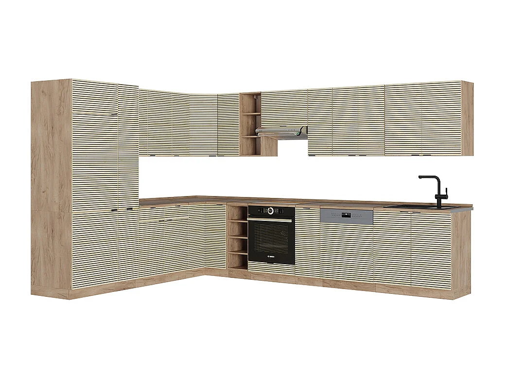 Cuisine en angle chêne lambris/chêne doré 347x60x81.6 fame-line