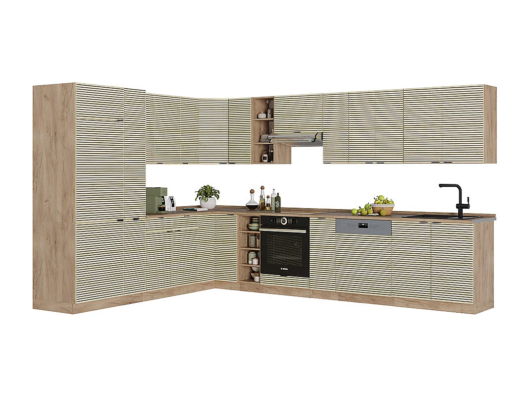 Cuisine en angle chêne lambris/chêne doré 347x60x81.6 fame-line