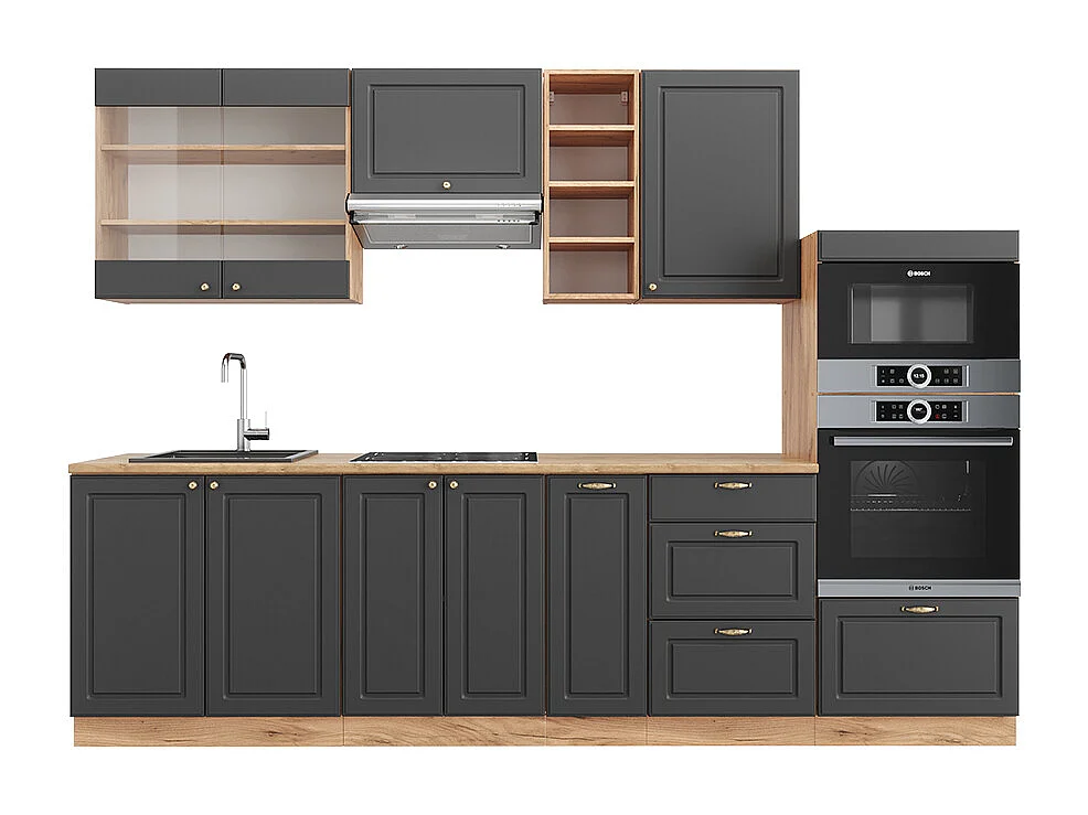 Mueble de cocina antracita casa de campo/roble kraft dorado 280x46x81.6 fame-line