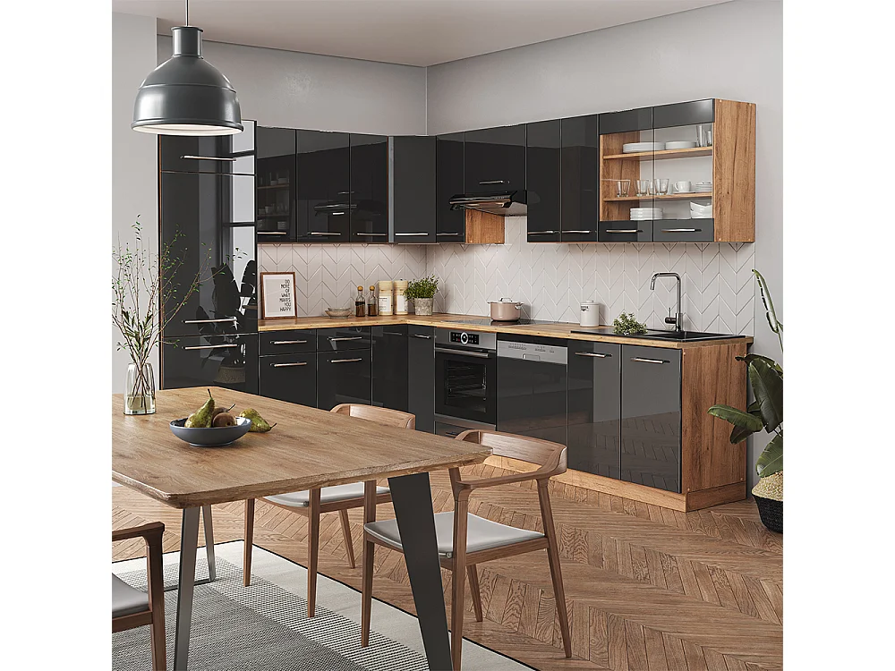 Cocina esquinera antracita brillo intenso/roble dorado eléctrico 287x46x81.6 fame-line