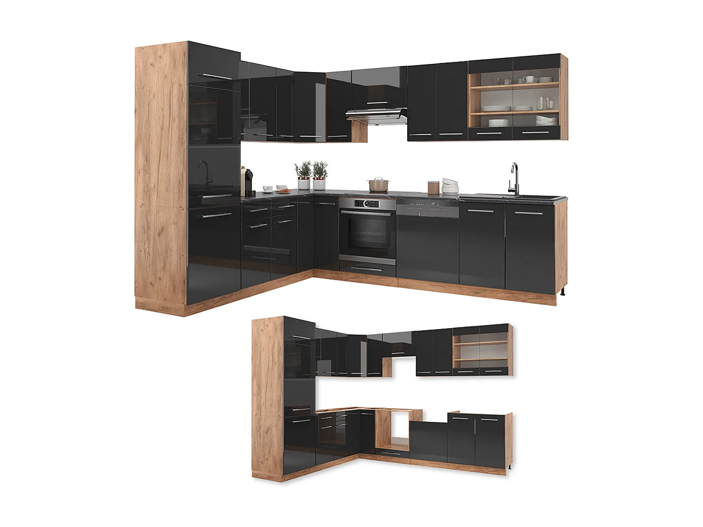 Cocina esquinera antracita brillo intenso/roble dorado eléctrico 287x46x81.6 fame-line