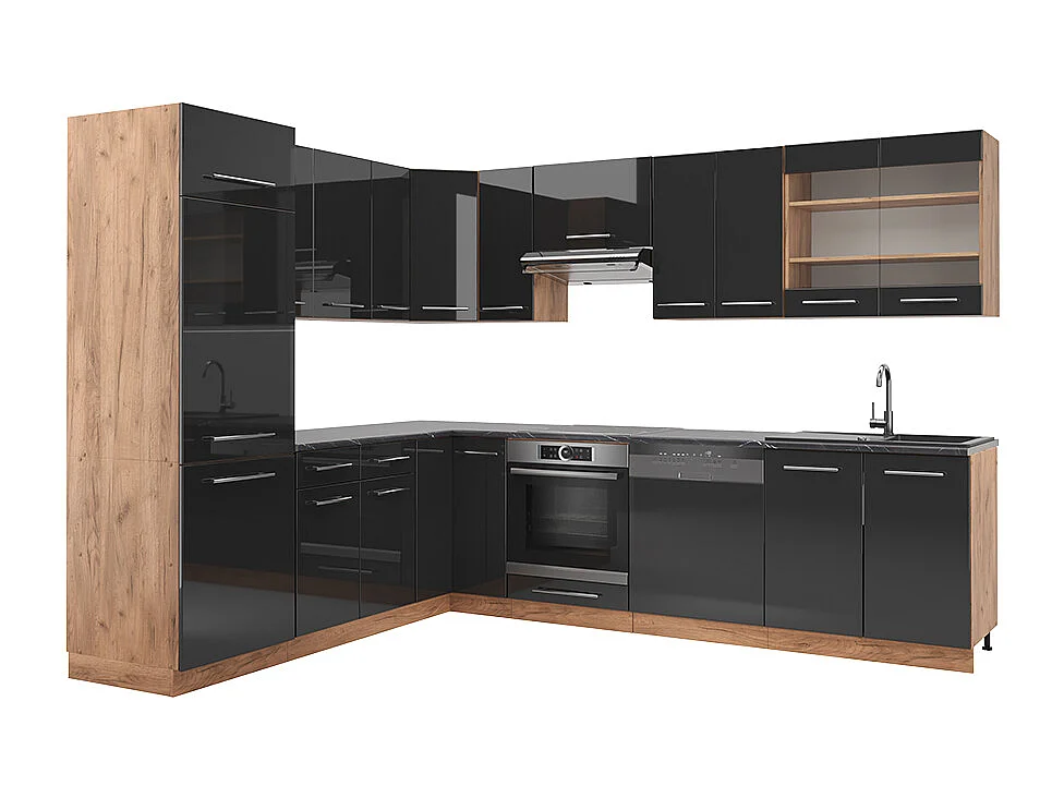Cuisine en angle anthracite brillant/chêne doré 287x46x81.6 fame-line