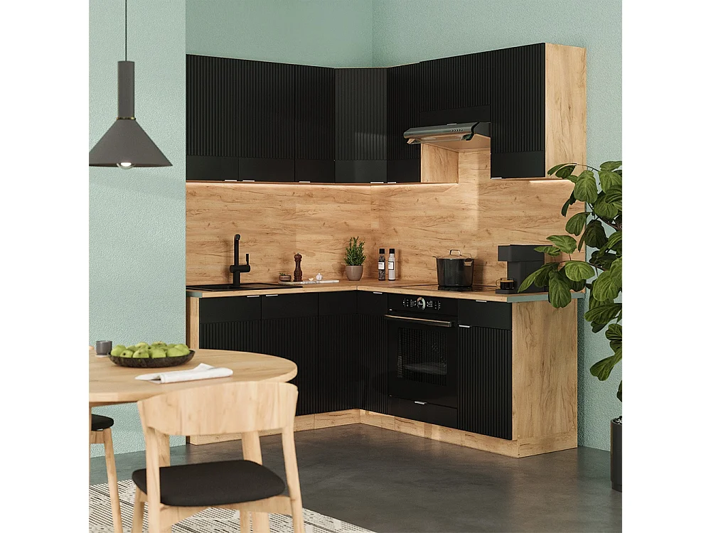 Hjørnekøkken sort stribet/gylden eg 190x60x81.6 fame-line