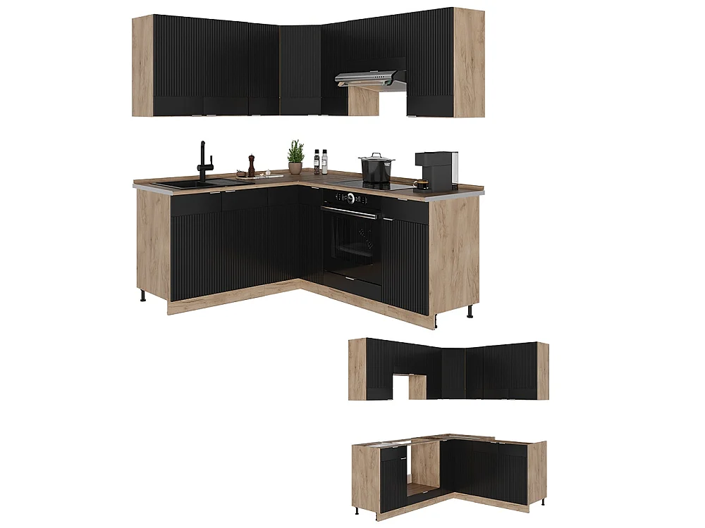 Hjørnekøkken sort stribet/gylden eg 190x60x81.6 fame-line