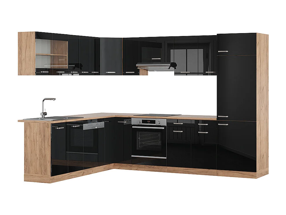 Cuisine en angle noir brillant/chêne doré 287x60x81.6 r-line