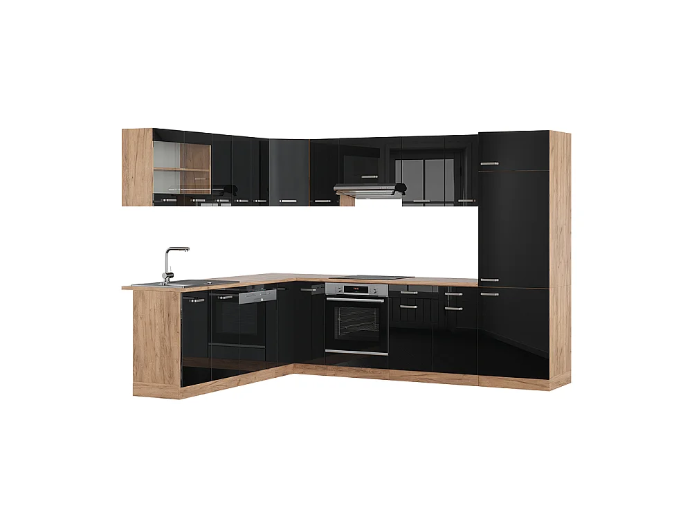 Cuisine en angle noir brillant/chêne doré 287x60x81.6 r-line