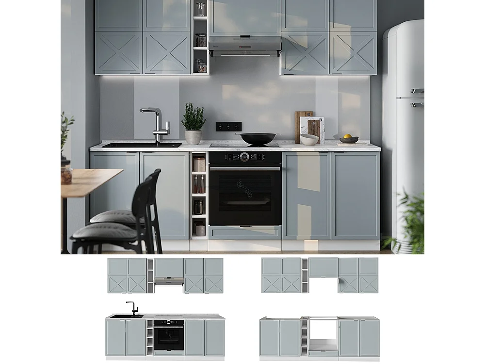 Mueble de cocina azul claro-gris-blanco 235x46x81.6 fame-line