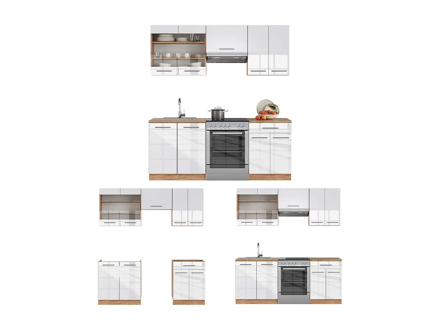 Cucina componibile bianco lucido/oro power oak 200x46x81.6 fame-line